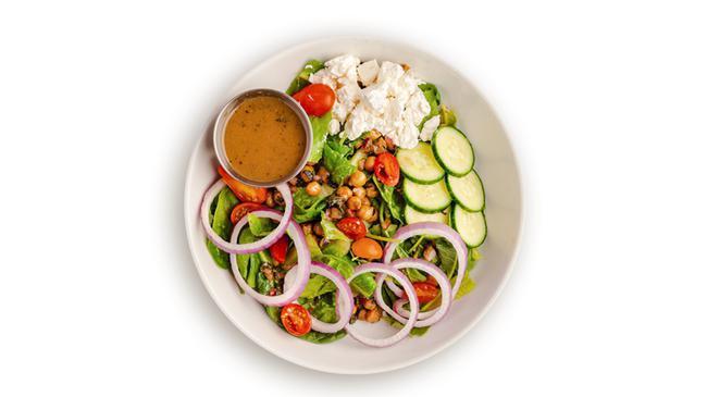 Entree Mediterranean (gf) · organic baby greens, organic baby kale, feta, marinated chickpeas, organic cucumber, organic red onions, organic grape tomatoes, rosemary balsamic vinaigrette (830 cal)