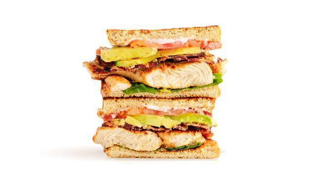 Chicky Club · grilled, all-natural chicken, smoked bacon, avocado, organic green leaf, organic tomatoes, mayo, sourdough (1110 cal)
