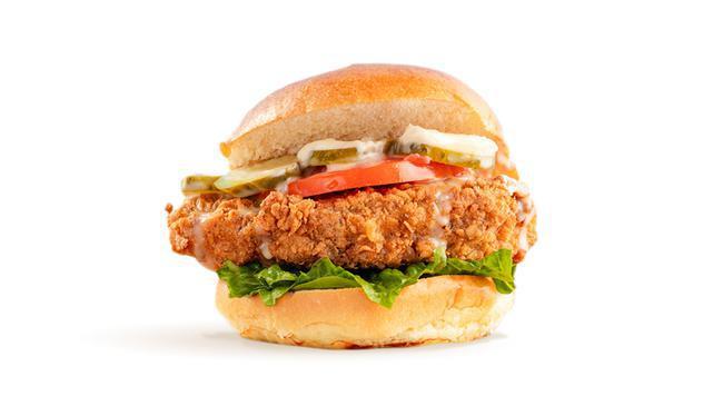 Dilly Chick · buttermilk-fried, all-natural chicken, organic green leaf, organic tomatoes, dill pickles, organic garlic aioli, brioche bun (980 cal)