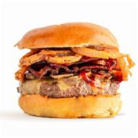 Wrangler · all-natural bison, organic aged cheddar, smoked bacon, truffle frizzled onions, organic wild...