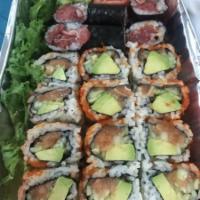 Manhattan Roll · Served with fresh salmon, shredded cucumber, avocado and masago.