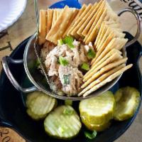 Smoked Chicken Dip · chilled smoked chicken dip served with crackers and dill pickles