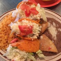 Gordita Plate · 3 fried gorditas stuffed with ground beef with potato, shredded beef, or chicken, lettuce, t...