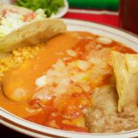 Popular Combination · 1 ground beef taco, 1 cheese enchilada, 1 cheese chile relleno, served with refried beans an...