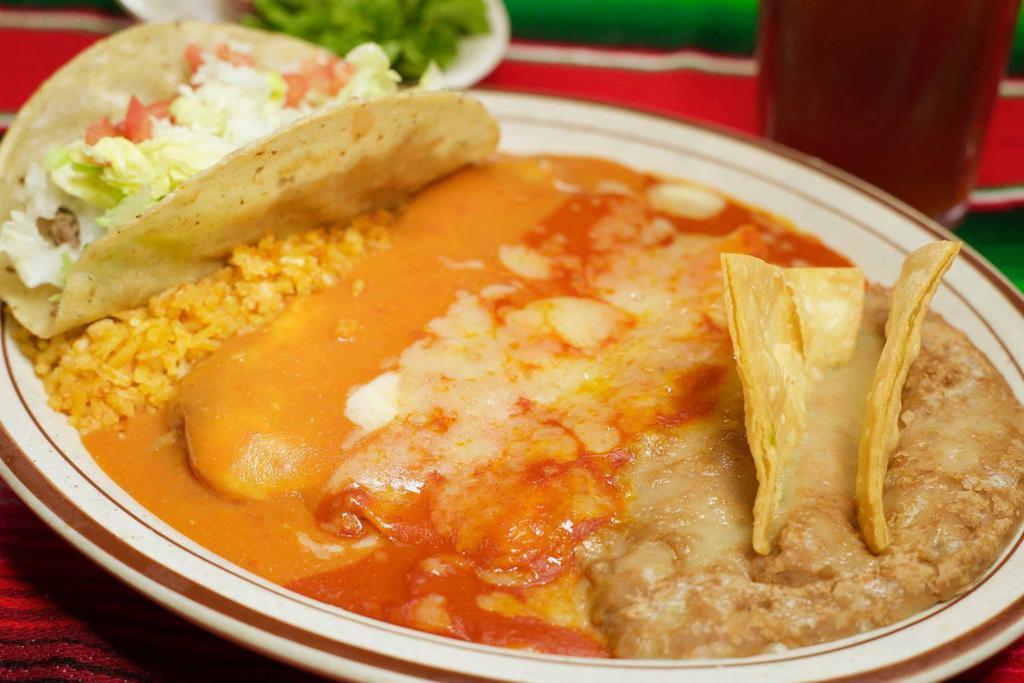 Popular Combination · 1 ground beef taco, 1 cheese enchilada, 1 cheese chile relleno, served with refried beans and Spanish rice. Served with sopapillas with honey.