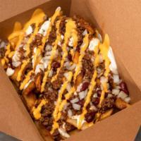 Loaded Fries - Nacho Chili · TEXAS BORN. Homemade Chili with sour cream ranch, fresh onions pickles and parmesan cheese o...