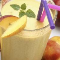 Peach Mango shake · Peaches and Mangos blended in Vanilla Ice Cream