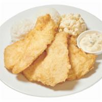 Regular Fried Fish Filet Plate Lunch · Fish filet fried to golden brown and comes with tartar sauce. Includes 2 scoops of rice and ...