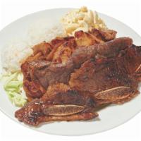 BBQ Mix  · BBQ chicken, short rib and beef. Served with 2 scoops of rice and 1 scoop of macaroni salad.