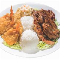 Seafood Combo Hawaiian Plate Lunch · Mahi Mahi and fried shrimp with choice of meat.