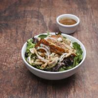 Grilled Pear Salad · Mixed greens, onion, candied walnuts, chicken, goat cheese and pears topped with balsamic vi...