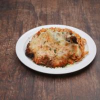 Chicken Parmesan Pasta · Hand-breaded chicken topped with melted mozzarella over linguini or penne.