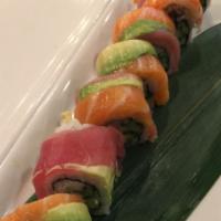 Rainbow Roll · Tuna, salmon, yellowtail, striped bass, shrimp, avocado, crabstick and cucumber.