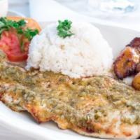 Chicken Chimichurri · Grilled chicken fillet covered with an exquisite chimichurri sauce. Served with white rice, ...