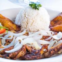 Grilled Shredded Chicken · Served with white rice, black beans and sweet plantains.