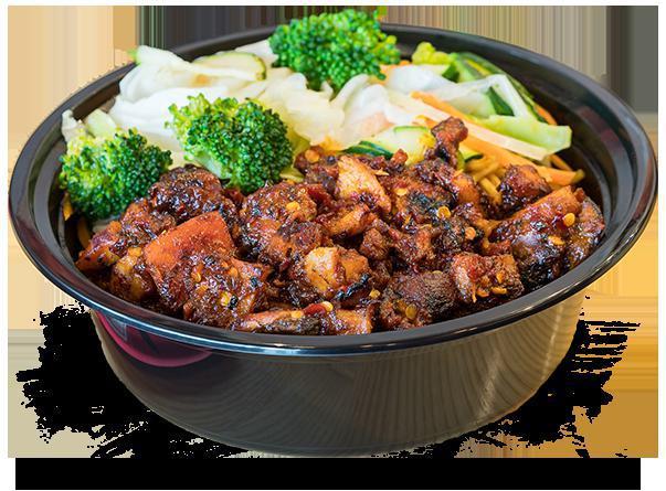 Spicy Chicken Bowl · A crowd favorite. Our fresh chicken teriyaki is stir-fried in our signature house-made spicy sauce and placed upon some white rice, brown rice, fried rice or noodles, and stir-fried veggies. More flavor than heat. Warning: highly addictive. This is THE staff favorite! 