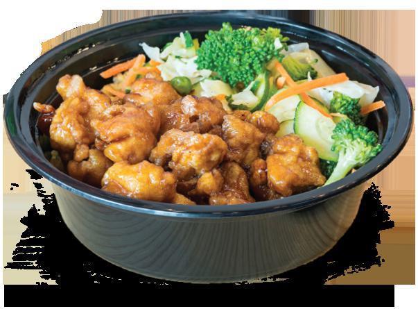 Orange Chicken Bowl · Orange doesn’t rhyme with anything, but it’s delicious! Big pieces of chicken in the sweet orange sauce for a delicious take on everyone’s favorite go-to chicken dish. Add it to your choice of white rice, brown rice, fried rice or noodles, and stir-fried veggies.