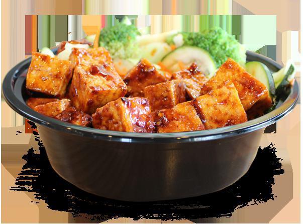 Spicy Tofu Teriyaki Bowl · Crisp tofu on the outside, soft on the inside. Our hand-cut tofu is fried then stir-fried in our house-made sauce and piled onto white rice, brown rice, fried rice or noodles, and stir-fried veggies.