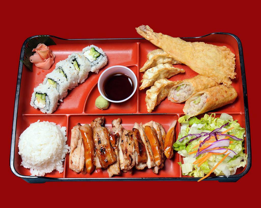 37. Bento · Chicken teriyaki, prawn tempura, California roll, gyoza, egg roll, rice and salad.