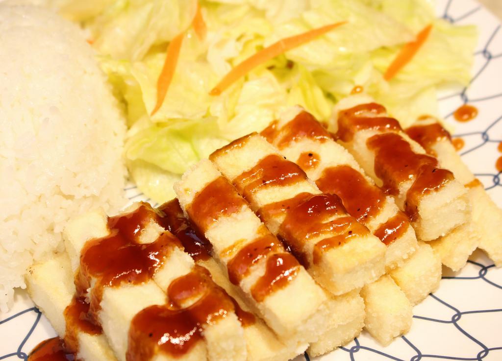 43. Tofu Teriyaki · Served with rice and salad
