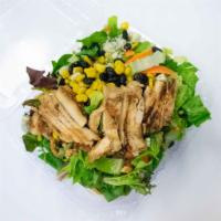 BBQ Ranch Chicken Salad · Greens, blue cheese, corn, black beans, chipotle ranch dressing.