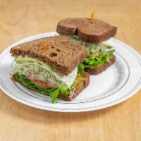 Veggie Sandwich · Mayo, Dijon mustard, lettuce, tomato, sprouts, cucumber, provolone, cream cheese, onion and ...
