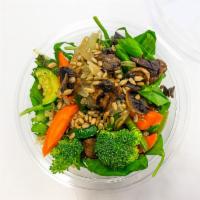 Vegan Power Bowl · Mixed greens, spinach, carrots, broccoli, onions, asparagus, quinoa or rice and choice dress...