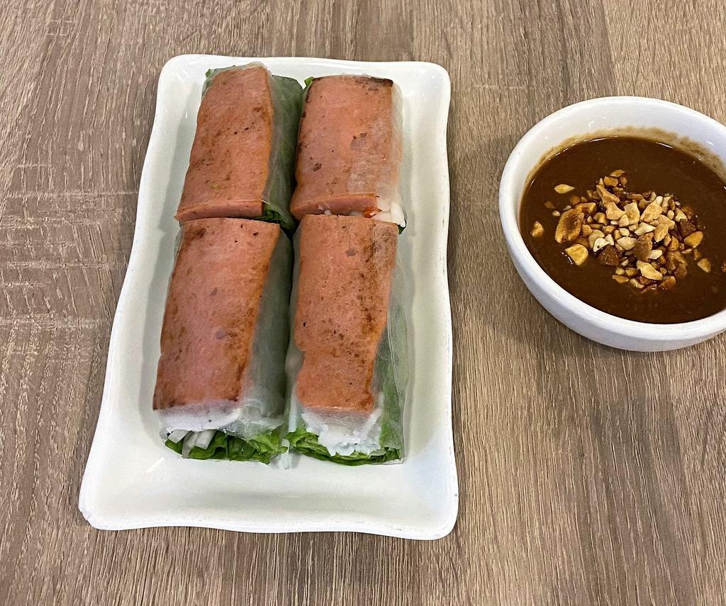 Nem Nuong Cuon Cha Ram · 2 pieces. Grilled pork spring roll served with hoisin peanut sauce.