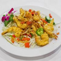 Salt and Pepper Shrimp · Crispy shrimp seared with onions and bell peppers