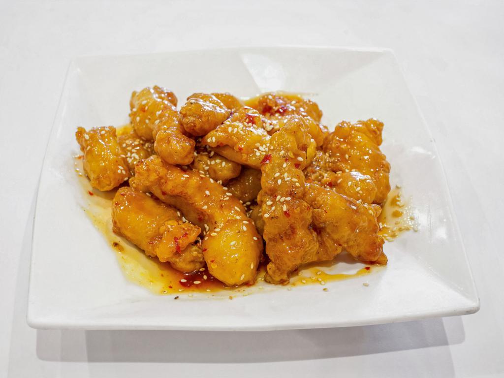 Sesame Entree · Spicy. Lightly fried then stir-fried in sweet and spicy sauce with toasted sesame seeds.