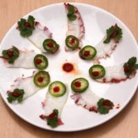 RAZOR OCTOPUS · Thinly sliced Octopus topped with cilantro, freshly sliced jalapenos and sriracha sauce fini...