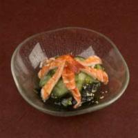 SHRMP SUNOMONO (3PD) · Cucumber, wakame seaweed and shrimp in a sweet vinaigrette dressing topped with sesame seeds.