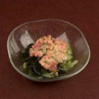 SP-TUNA SUNOMONO (3PD) · Spicy tuna topping on a cucumber and wakame seaweed, and a touch of sweet vinegar dressing t...