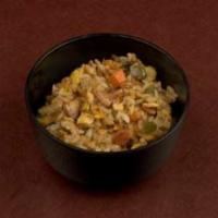 CHICK YAKIMESHI · Teppan-fried Japanese rice, Chicken, eggs, carrots, zucchini, peppers, onions.