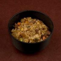 BEEF YAKIMESHI · Teppan-fried Japanese rice, Beef, eggs, carrots, zucchini, peppers, onions.