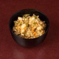 SHRMP YAKIMESHI · Teppan-fried Japanese rice, Shrimp, eggs, carrots, zucchini, peppers, onions.