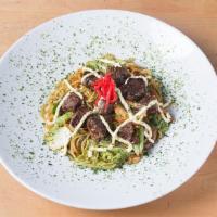 BEEF YAKISOBA · Stir fried noodles with vegetables in Yakisoba Sauce drizzled with Japanese mayo and grated ...