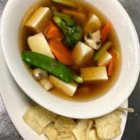 Bowl of Vegetable and Tofu Soup · Soup made from bean curd.
