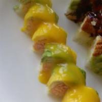 Lobster Mango Roll · Spicy crunch lobster roll topped with sliced fresh mango and avocado.