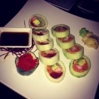 Rainbow Naruto Roll · Tuna, yellowtail, salmon, crab meat and avocado wrapped with cucumber.