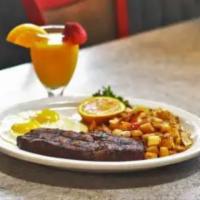 Sirloin Steak Combination · An 8 oz. choice sirloin seasoned with our steak spice and broiled to order with 2 eggs.