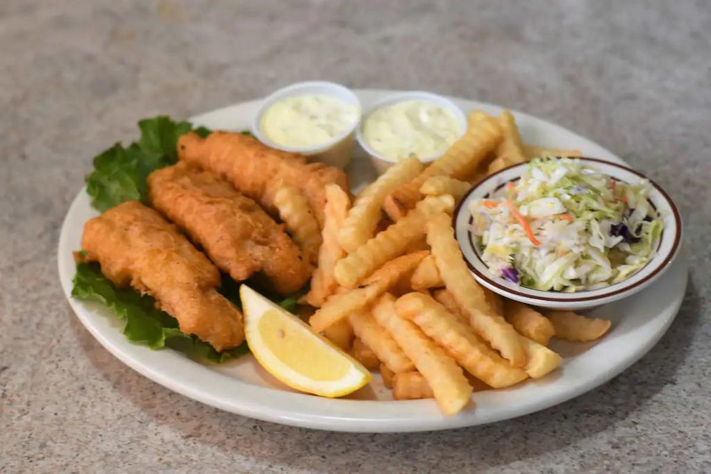 Fish and Chips · Cuts of Alaskan cod fillets dipped in our beer batter then deep fried. Served with french fries and tarter sauce.