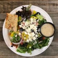 THE GREEK ENTREE SALAD · mixed greens, red onions, black olives, banana peppers, roma tomatoes, feta cheese, crostini...