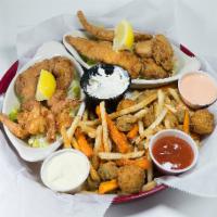Seafood Platter - Pick 4 · Hand-battered Seafood served with a heapin' helpin' of sides including Cajun Fries, Sweet Po...