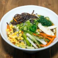 Vegetable Ramen · Corn, spinach, carrots, scallion, bean sprouts, wood fungus, brussels sprouts and cabbage.