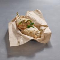 Super Shrimp Burrito · Serve with beef, beans, rice, onions, cilantro, guacamole and cheese.