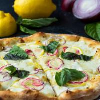 Limone Pizza · Olive oil base, garlic, red onion, sliced lemons, five cheeses, and basil.