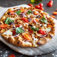 Salsiccia Pizza · House marinara, house blend sausage, red onions, Kalamata olives, grape tomatoes, five chees...