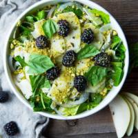 Tre Sorelle Salad · Fresh greens, red onions, blackberries, sliced pears, pistachios, Parmigiano Reggiano, Pecor...