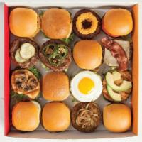 The Party Box · 16 (3 oz) burgers. Choose up to four types of  the gourmet styles of our mini burgers. 